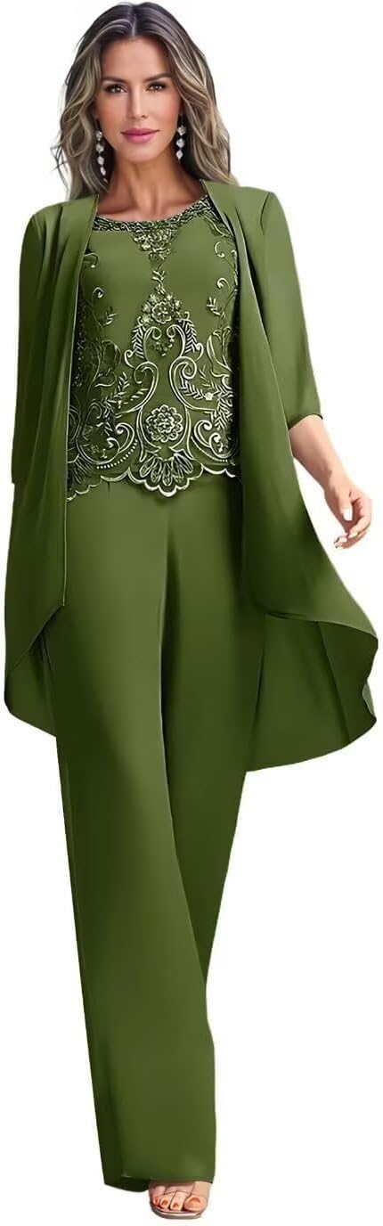 3 Piece Mother of The Bride Pantsuit with Jacket Chiffon Lace Appliques Wedding Guest Evening Party Outfit Set HX003