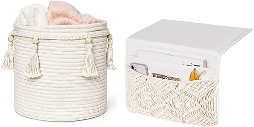 Mkono Cesta decorativa de cuerda de algodón de macramé y organizador de almacenamiento de macramé bohemio para el hogar, dormitorio, sala de estar,