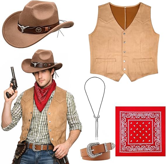 Kaxtde 5 Pcs Western Cowboy Outfits for Men Cowboy Fancy Dress Costume Set including Vest Hat Bandana Belt Buckle Necklace for Stag Do Wild West Party Halloween Cosplay