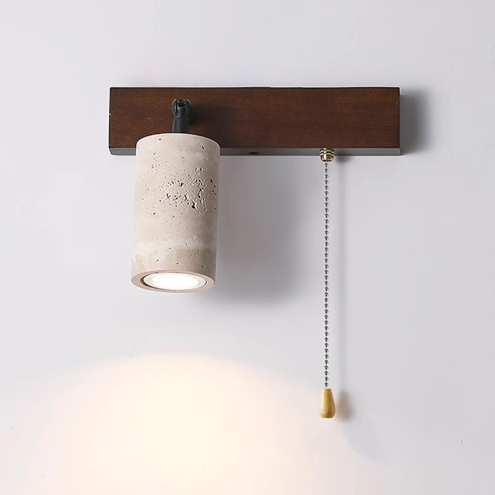 SXWNBIFH Adjustable Travertine Wall Sconce with Pull Switch, Creative Cylindrical Stone Shade & Natural Wood Rectangular Base Wall Lamp, E27 Wall Mounted Lamp for Bedroom Hallway(Walnut)
