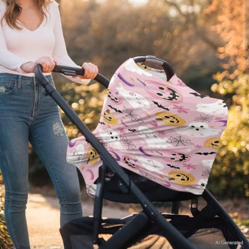 Image of Wanyint Baby Car Seat Covers Nursing Cover Carseat Canopy Baby Breastfeeding Cover Multi-Use Nursing Scarf Infant Stroller Cover Halloween Decor, Cute Ghost Pumpkin Flower Pink