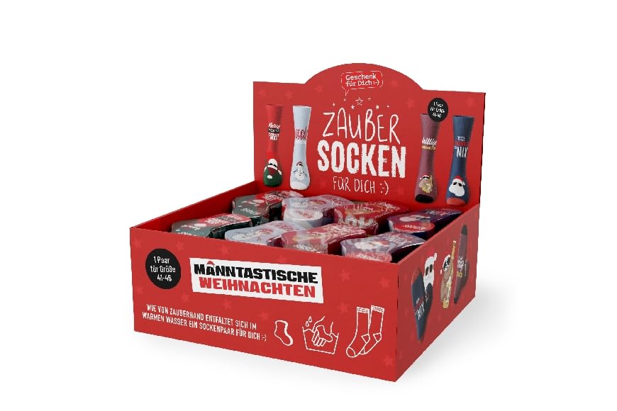 Zaubersocken Weihnachten - 24er Display Box - Witzige Socken Geschenkidee für Männer & Frauen - Magische Schrumpf-Socken