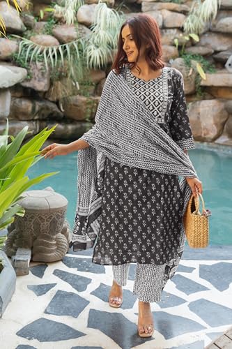 Image of MIRCHI FASHION Pure Cotton Women Straight Batik Print & Mirror Work Kurti Set with Dupatta and Pant