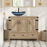 36" Natural Color Bathroom Vanity, Rustic Fixture Standing Pedestal Cabinet with Blue Glass Vessel Sink