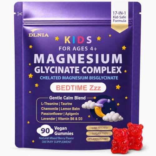 DLNIA Melatonin-Free Kids Magnesium Glycinate Gummies for Focus & Bedtime Relaxation 17-in-1 Multivitamin Formula Ages 4+ Calm Magnesium Gummies for Kids Wellness Vegan Sugar-Free 90 Count