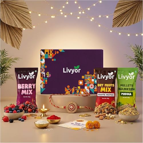 Image of Livyor Happy Rakhi Gift Hamper for Brother with Set of 1 Rakhi Roli Chawal, Khatta Meetha Dry Fruits Snack, Pudina Millet Mix, Berry mix, 150g, Rakhi gift combo for brother and bhabhi.