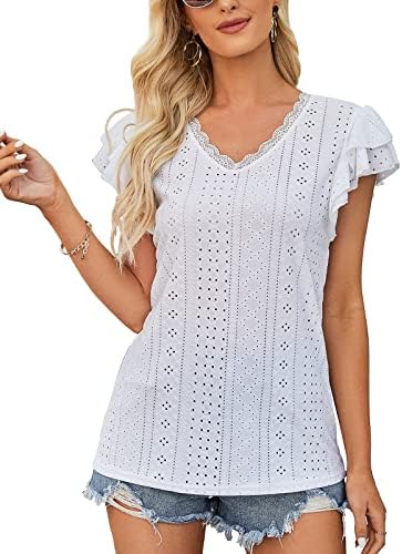 Tanst Sky Womens V Neck T Shirt Summer Ruffle Sleeve Eyelet Tops Dressy Casual Blouses