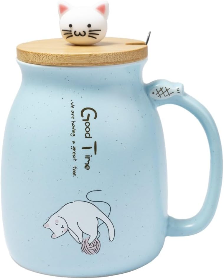 KAWAII Cat Mug 450ml Large Mug with Lid and Spoon Capacity - Infusion Tea Coffee Cup - Original Japanese Mug - Cute Kitty - Color Blue