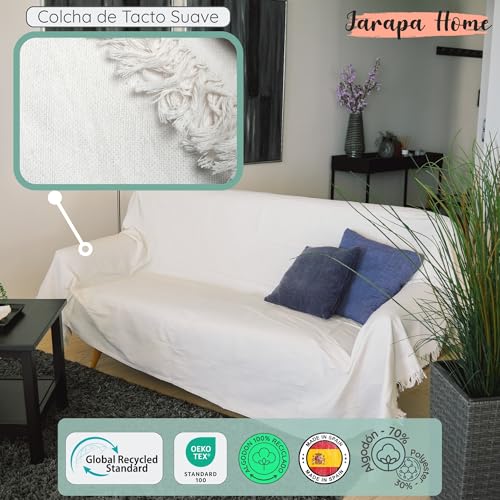Miniatura 2 de Jarapa Home Made With Love Colcha Multiusos: Plaid Sofa, Manta Foulard, Cubre Cama, Foulard Para Sofas De Algodón Y Otras Fibras Acabado De Calidad Fabricado En España. Crudo Liso 01, 180x260cm