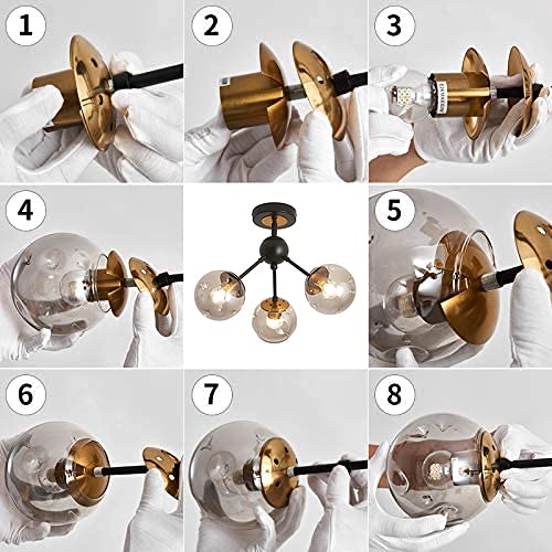 Image of 3-Light Chandelier ,Vintage Semi Flush Mount Ceiling Light Fixture with Glass Globe, Black Ceiling Light for Hallway Stairway Porch Entryway Kitchen Bedroom Laundry Farmhouse..