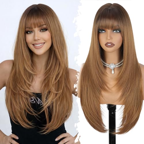 XIXIBI Light Brown Wigs with Bangs for Women,Long Layered Hairstyle,4x4