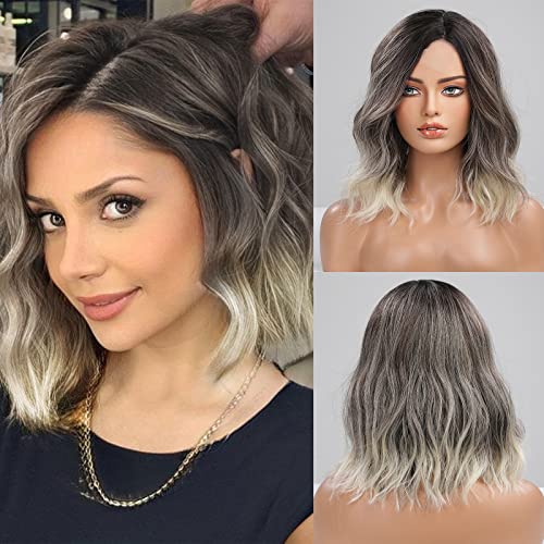 HAIRCUBE Dark Grey Wigs for Women Shoulder Length Curly Hair Lace Front Wig with Dark Roots