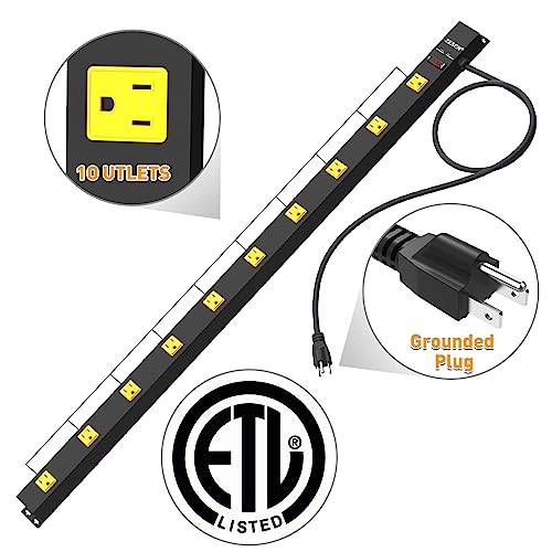 Image of 10 Outlet Long Power Strip, Wide Spaced Outlet Power Bar, Heavy Duty Metal Power Strip with 15FT Cord for Work Bench, Garage, Shop, Overload Protection Switch, ETL Listed (15A /1875W)