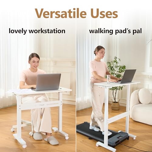 Non-Electric Auto-Lifting Standing Desk, No Knobs or Crank, Cordless, Rolling and Mobile, Great for Walking Pad, Adjustable Height 28.1'' to 43.3'', Desktop Size 31.5'' by 15.7'', Color White