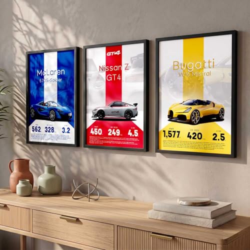 Image of walllane Big Nissan, McLaren, Bugatti Cars Framed Posters Gift Items for Boys Room Wall Decoration Bedroom Living Room Office Studio Decor | Car Poster Frame for Wall Decor Set Of 3 Size (13x17 inch)