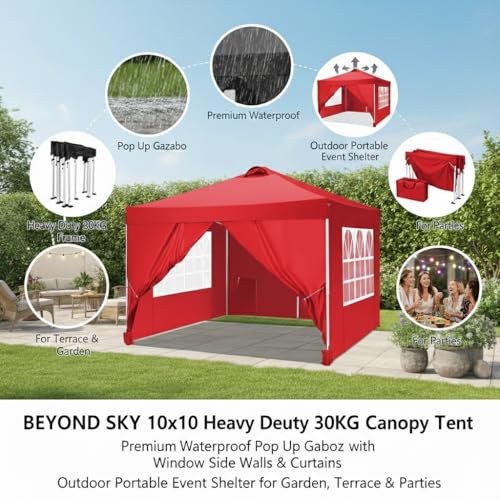 Image of PERGOLA Design 10x10 Heavy Duty 30KG Canopy Tent with Window Side Walls & Curtains | Premium Waterproof Pop Up Gazebo Outdoor Portable Event Shelter for Garden, Terrace & Parties (Red)