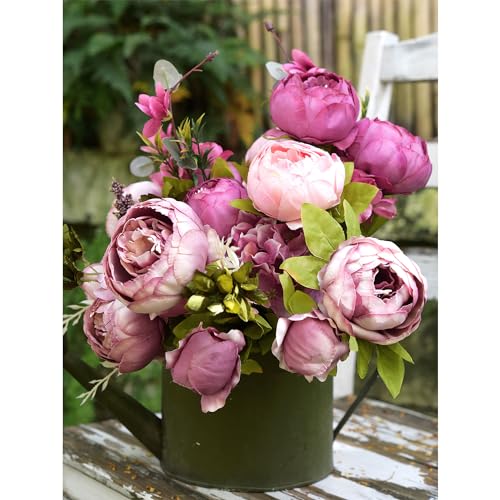 Image of FiveSeasonStuff Soft Peach Pink and Magenta Red Vintage Artificial Peonies Silk Flowers and Hydrangeas for Wedding Bridal Home Decor - Beautiful Floral Centerpiece Bouquet (Celestial Beauty)