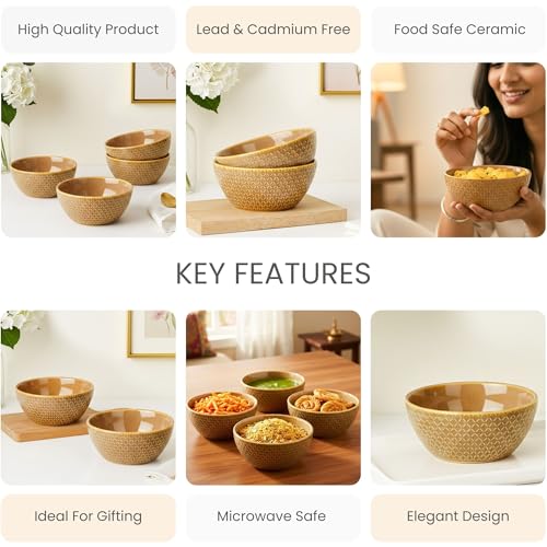 Image of The Earth Store Caramel Embossed Ceramic Bowl Set of 2 - 500ML Each | Ceramic Mixing Bowls for Snacks, More | Rice, Dal, Fruits, Salad | Microwave Safe Bowl Set | Perfect for Gifting & Daily Use