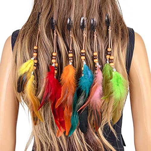 Jovono Women's Boho Handmade Feather Hair Clips Hippie Beaded Hair Extentions with Combs for Women and Girls (Pink)