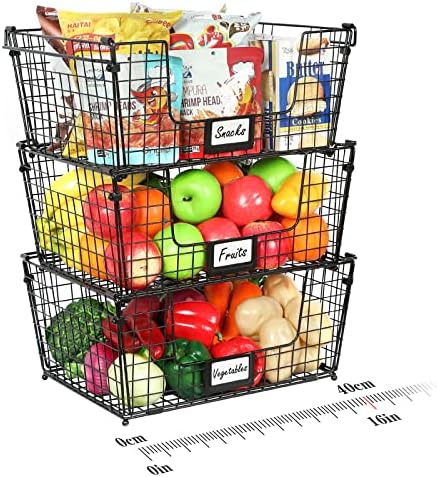 3 Pack XXL Stackable Wire Baskets for Pantry Storage and Organization- Large Metal Storage Bins with Handle and Chalkboard for Fruit Vegetable Snack Food- Kitchen Cabinet Countertop Organizer - Black