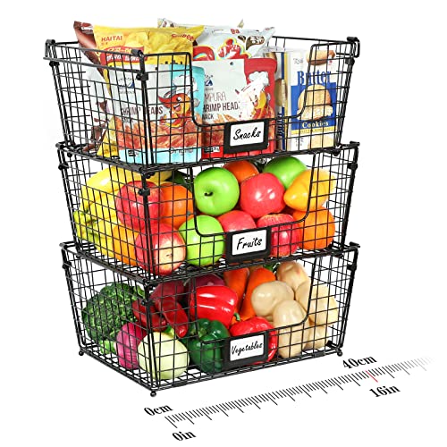 3 Pack Xxl Stackable Wire Baskets For Pantry Storage And Organization- Large Metal Storage Bins With Handle And Chalkboard For Fruit Vegetable Snack Food- Kitchen Cabinet Countertop Organizer - Black #TOP23
