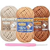 3 Pack Beginners Crochet Yarn, Off White Khaki Brown Caramel Yarn for Crocheting Knitting Beginners, Easy-to-See Stitches, Chunky Thick Bulky Cotton Soft Yarn for Crocheting (3x50g)