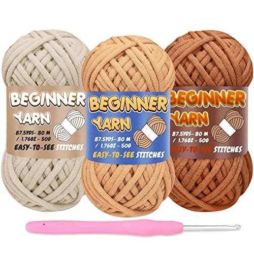 3 Pack Beginners Crochet Yarn, Off White Khaki Brown Caramel Yarn For Crocheting Knitting Beginners, Easy-To-See Stitches, Chunky Thick Bulky Cotton Soft Yarn For Crocheting (3X50G) #TOP6