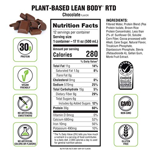 Image of Lean Body Ready-to-Drink, Plant-Based Vegan Chocolate Protein Shake, 30g Protein, No Artificial Flavors, Sweeteners or Colors, Non GMO, Gluten Free, Premium Pea & Rice Blend (Pack of 12)