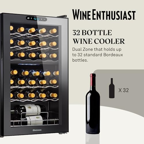 Image of Wine Enthusiast 32-Bottle Dual Zone MAX Compressor Wine Cooler - Freestanding Mini Fridge with Digital Touchscreen, LED Display, Split Storage for Red & White Wines, Matte Black Refrigerator Home Bar