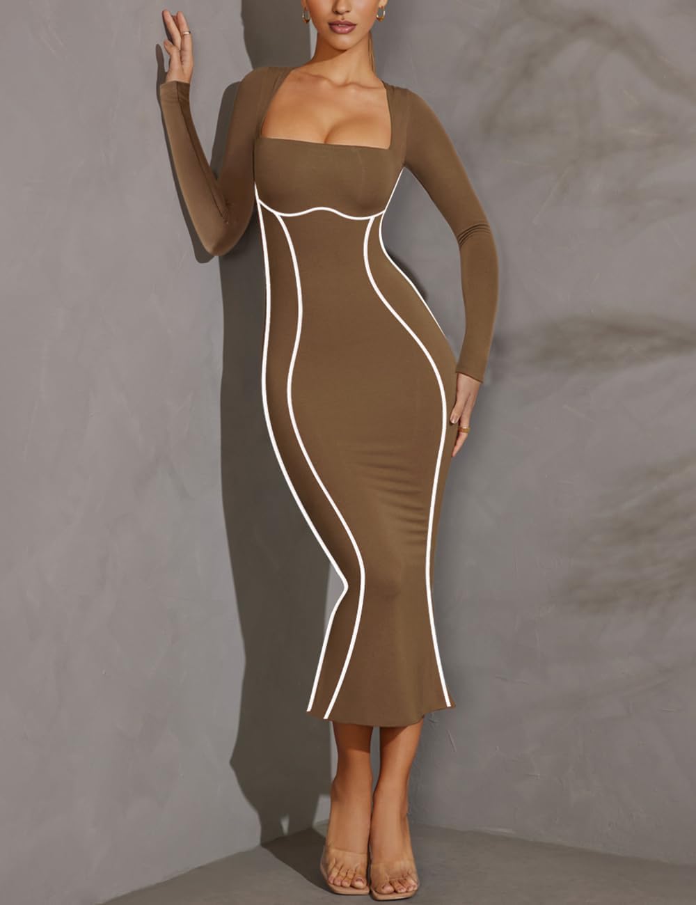MAYFASEY Women's Square Neck Long Sleeve Dress Contrast Binding Cocktail Party Club Long Dress Back Slit Maxi Dress 6 51Avhtkd2RL. AC SL1300 Influencerstyle.co