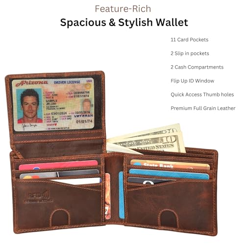 Mens RFID Blocking Bifold Wallet Genuine Leather | Secure and Durable Extra Capacity Billfold with 13 Credit Cards, 1 Flip Up ID (Brown oil pullup)2