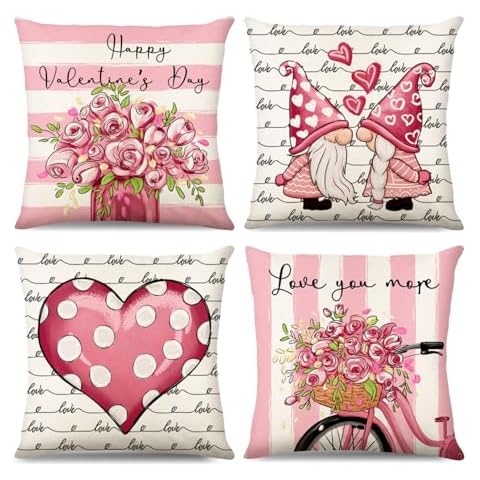 MEHOFOND Valentine's Day Pillow Covers 18x18 Inch Valentines Day Pink Flower Pillow Covers Valentines Love Gnome Throw Pillow Covers Wedding Anniversary Cushion Case Decoration for Sofa Couch Set of 4 Cover