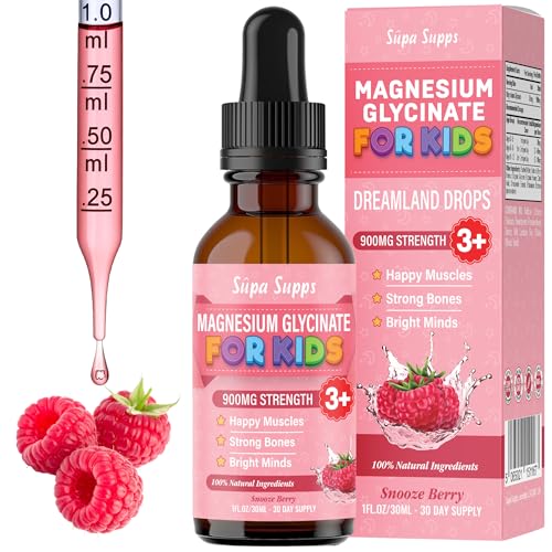 Kids Magnesium Glycinate 30ml - Raspberry Flavour | Supa Supps Liquid Magnesium Glycinate 3-in-1 Drops Support Relaxation, Calm, Balanced Energy, Focus & Growth | Easy Daily Supplement 1 Months Supply