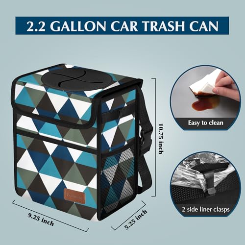 Image of Femuar Car Trash Can with Lid - Leak Proof, Waterproof, Multipurpose Car Hanging for Headrest, Collapsible and Portable with Storage Mesh Pocket, Triangle