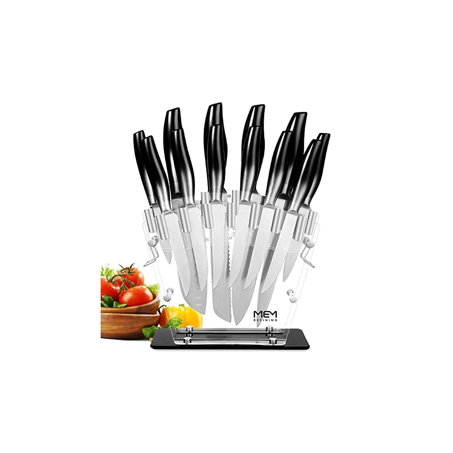 Knife Set, 12 PCS kitchen Knife Set with Block, Stainless Steel 6 Steak Knives, Chef's Knife, Carving Knife, Santoku Knife, Bread Knife, Utility Knife and Paring Knife with Acrylic Stand