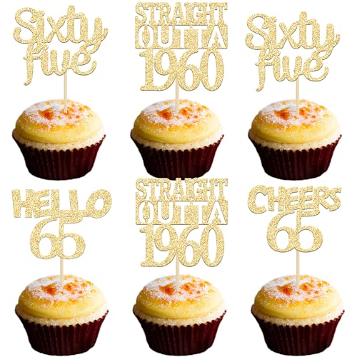 Gyufise 24Pcs Gold Glitter 65th Birthday Cupcake Toppers Straight Outta 1960 Sixty Five Hello 65 Cheers to 65 Years Birthday Cupcake Picks 65th Birthday Anniversary Cake Decorations Supplies