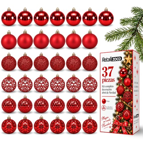Bolas de Navidad, Adornos Arbol Navidad, 37 Piezas, Rojo