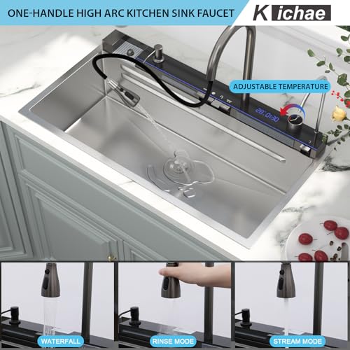 Image of Kichae 36 x 19 Smart Waterfall Kitchen Sink Stainless Steel Digital Display