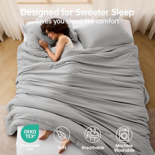 Image of MUXHOMO Queen Comforter Set, All Season Ultra Soft Down Alternative Bedding - 3 Piece Lightweight Bed Set Includes 1 Comforter (90 inchx90 inch) and 2 Pillow Shams (20 inchx26 inch), Light Grey