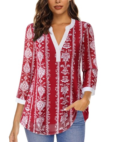 Image of Timeson Women's Short Sleeve V Neck Blouses Shirts Floral Double Layers Mesh Tunics Tops