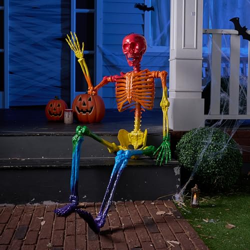 Image of JOYIN 5.6 FT Halloween Posable Life Size Skeleton, Full Body Realistic Bones with Movable Joints, Rainbow Color Giant Skeletons for Halloween Decoration Outdoor, Haunted House Prop, Spooky Scene Party
