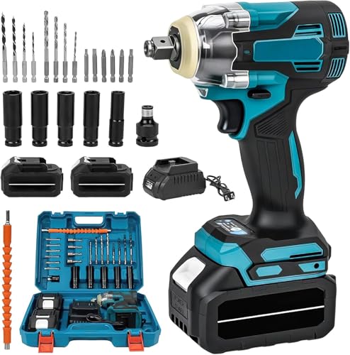 Fizuuye Clé à Chocs Sans Fil, Boulonneuse a Choc Electrique avec 2 Batteries, 21V Electrique 3 en 1 Visseuse, 1200N.m Visseuse a Choc, avec lumière LED, 5...