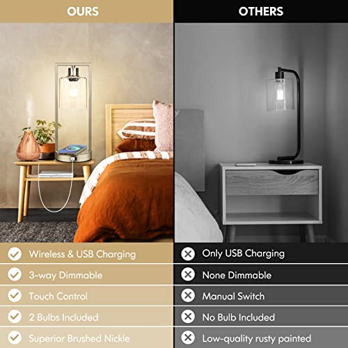 Set Of 2 Silver Table Lamps For Bedrooms With Wireless Charging, Touch Control Bedside Nightstand Lamp 3-Way Dimmable, Bubble Glass Lamp With Usb Port For Living Room End Table Office, Bulbs Included #TOP5