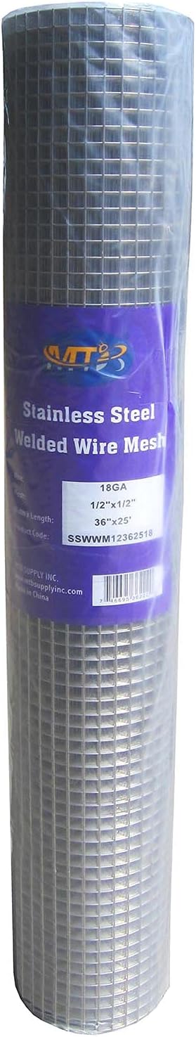 MTB SS304 Stainless Steel Welded Wire Mesh 36 inches x 25 feet- 1/2 inch x 1/2 inch Mesh 18GA(1.2mm)