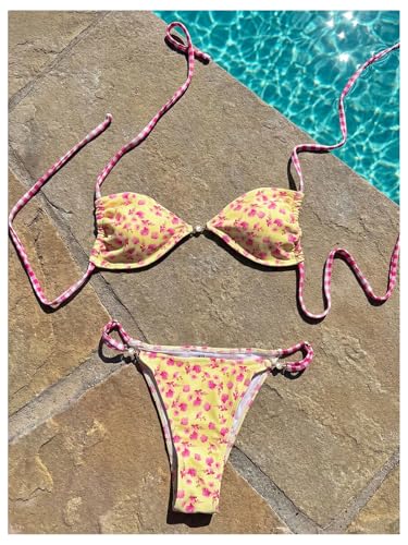 Image of RoseSeek Women's Floral Print Cheeky Bikini Sets Pearl Decor Halter Triangle High Cut String Thong Swimsuits