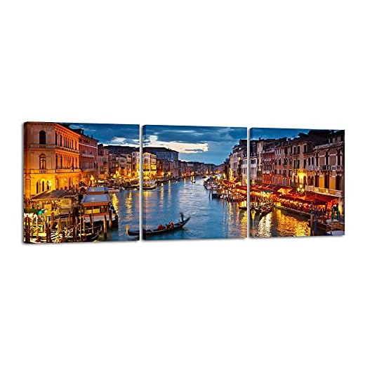 Wieco Art Venice Night 3 Piece Giclee Canvas Prints Wall Art Italy City Skyline Landscape Picture Paintings for Living Room Bedroom Home Decorations Modern Stretched and Framed Cityscape Artwork