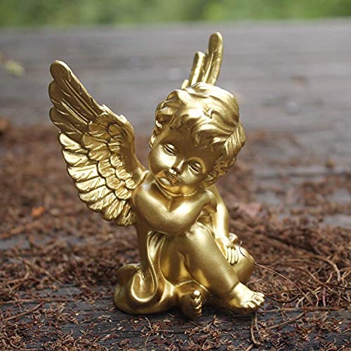 OwMell Set of 2 Cherubs Angels Resin Statue Figurine, Indoor Home Decoration, Adorable Angel Sculpture Memorial Statue 4" - Gold - Image 6