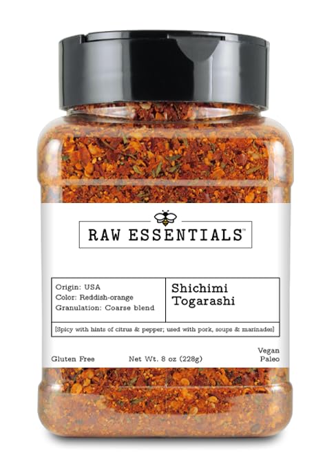 Shichimi Togarashi  Picante con toques de cítricos y pimienta  Especias japonesas  Utilizado en ramen, sushi, platos de cerdo, sopas y adobos  Sin