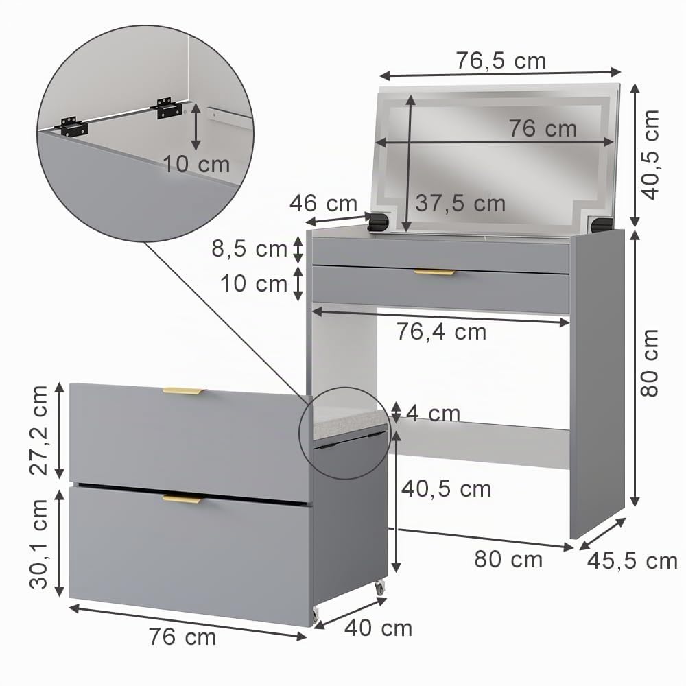 Vicco Schminkkommode Wanja, Grau, 80 cm | mit Bank und LED Spiegel, nutzbar als Schminktisch und Schreibtisch mit drehbarem Hocker
