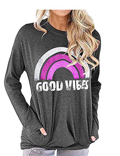 Hount Womens Printed Sweatshirts Oversized Pullover Casual Long Sleeve Tunic Tops Shirts Loose Fit Graphic T-Shirts (X-Large, Purple Rainbow)